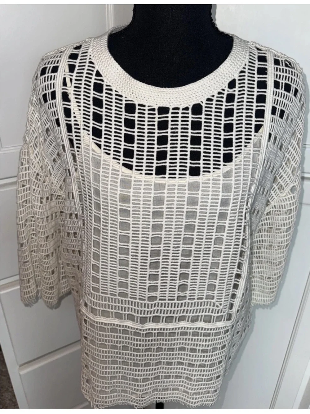 Tory Burch Open Knit Crochet Sweater M Ivory 100% Cotton 3/4 Sleeve Boho Coastal